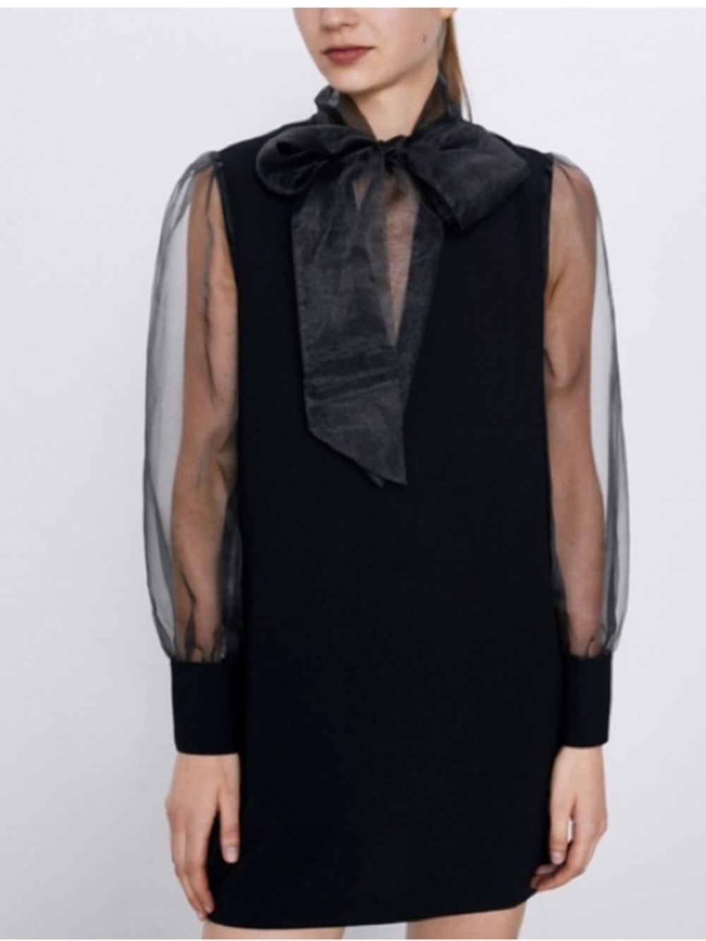 NWT Zara Black Mini Dress w/ Sheer Organza Sleeves & Bow Neck. Wedding Cocktail💕
